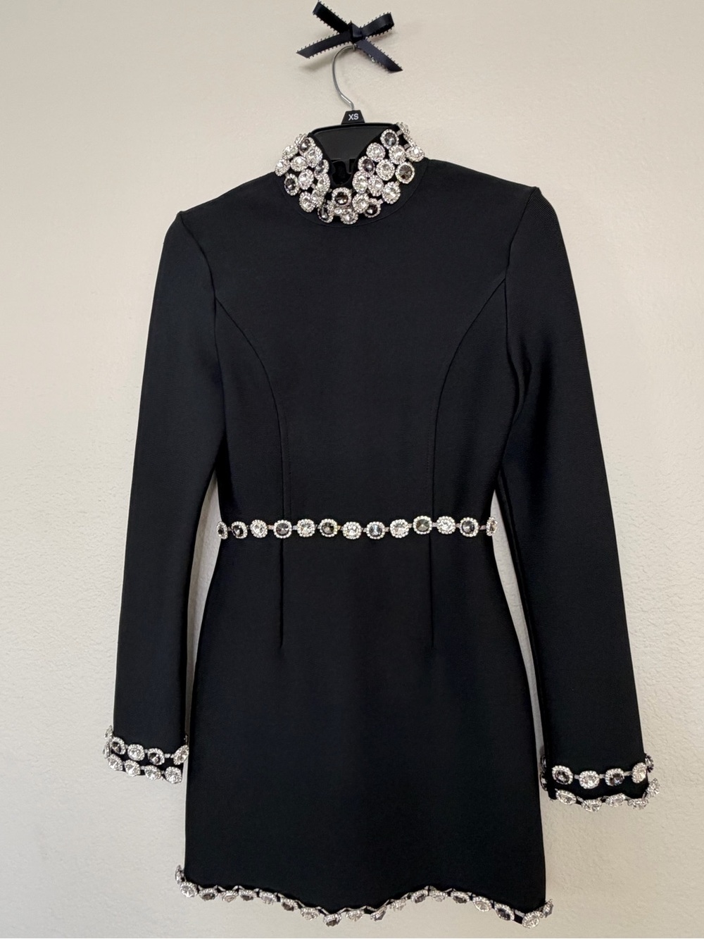 Black Long-Sleeve Bandage Mini Dress with Crystal Trim